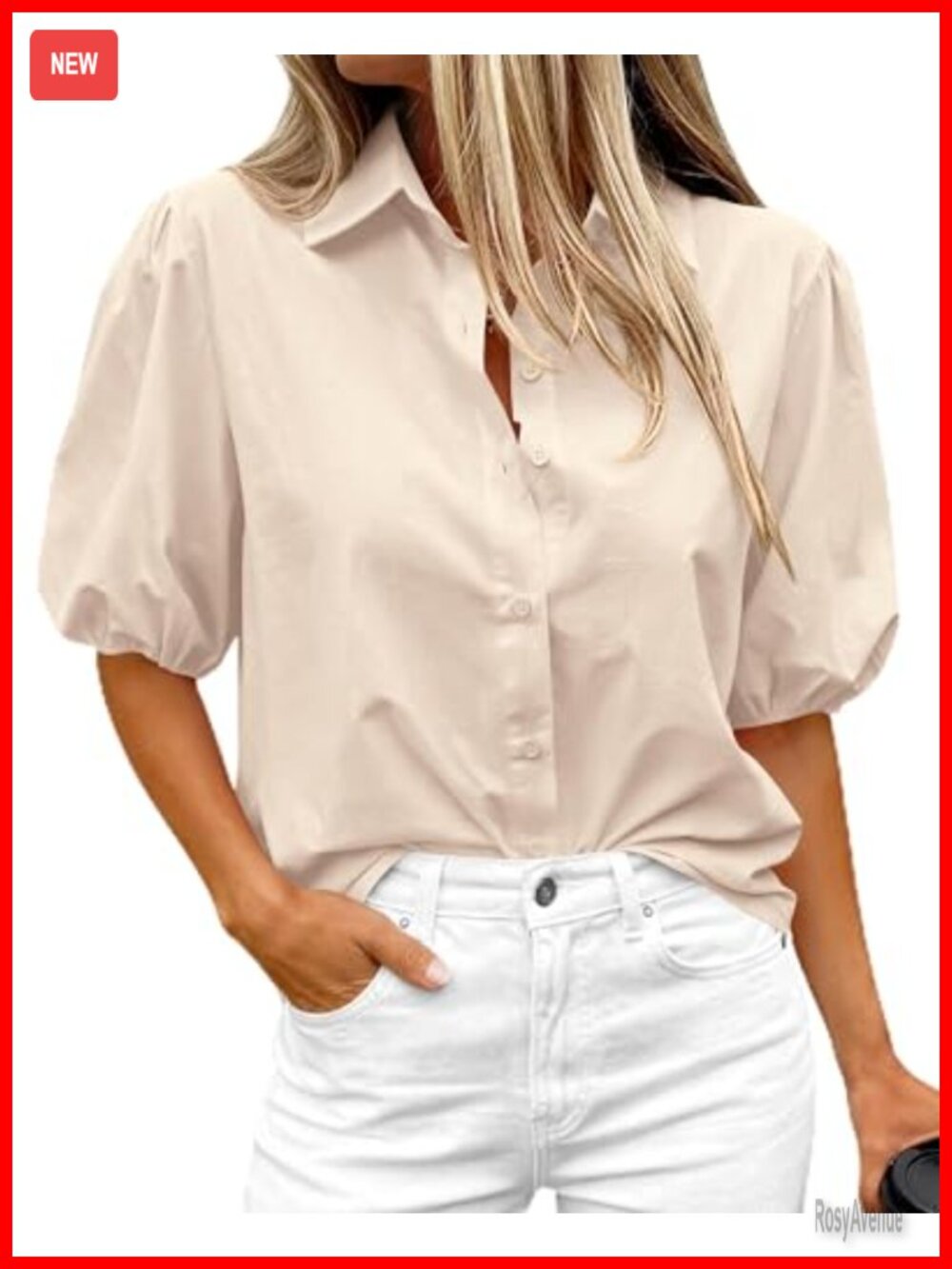 Women's Button Down Shirt Short Puff Sleeve V Neck Summer Work Blouse